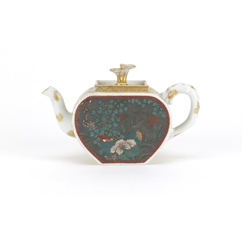 588 - Japanese porcelain and cloisonné teapot hand painted and enamelled with flowers, character marks to ... 
