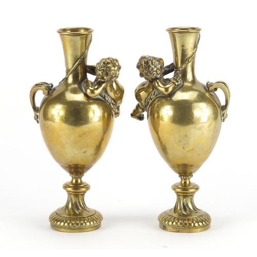 14 - Auguste Moreau, pair of 19th century bronze vases, each modelled with a cherub and cast in relief wi... 