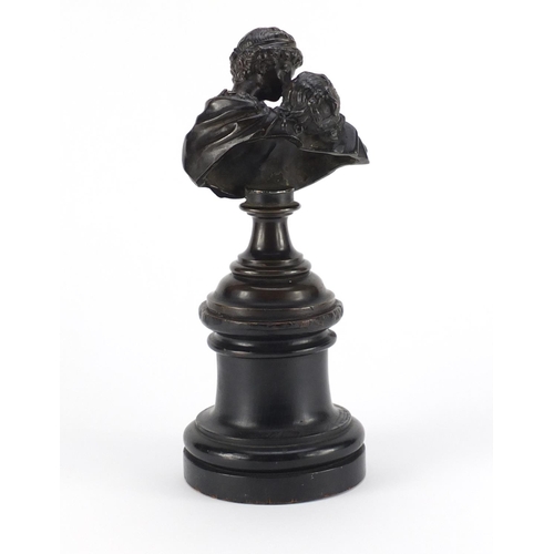 8 - 19th century classical patinated bronze of lovers kissing, raised on circular ebonised base, the bro... 