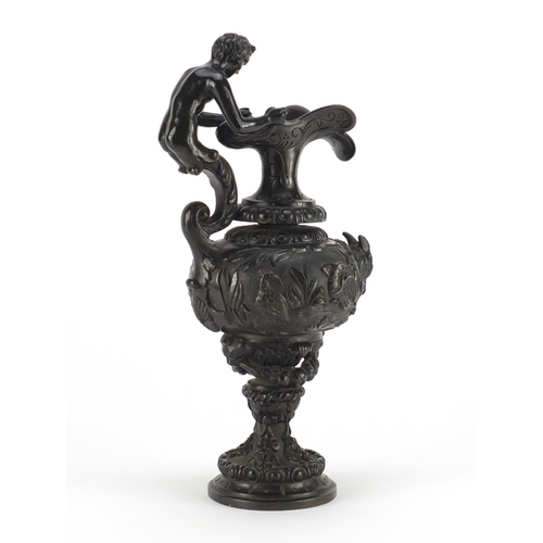 12 - 19th century classical patinated bronze ewer with merman handle, the body cast in relief with animal... 