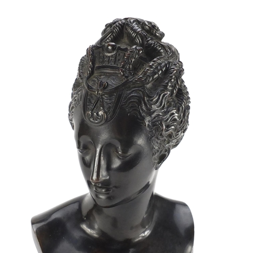 7 - 19th century classical patinated bronze bust of a nude female, raised on a square stepped black slat... 
