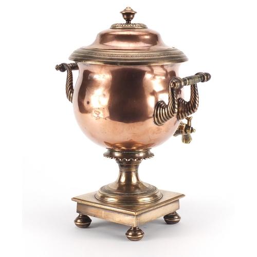 21 - Early 19th century copper and brass samovar with stained ivory handles by Best of London, 34cm high