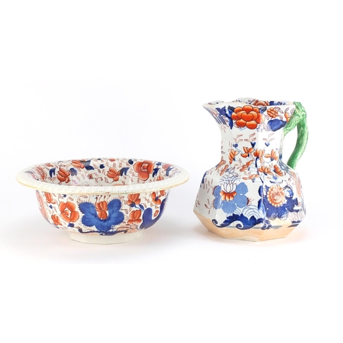 763 - Early Victorian Masons ironstone jug and bowl decorated with flowers, the jug 24cm high
