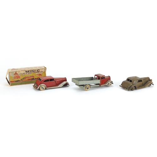 352 - Tri-ang Minic comprising a saloon car, pick up and Vauxhall Cabriolet with box