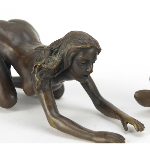10 - J Patoue, two erotic patinated bronzes of nude females, both signed, the largest 15cm in length