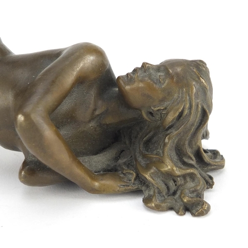 11 - J Patoue, two erotic patinated bronzes of a nude male and a female, both signed, the largest 15cm in... 