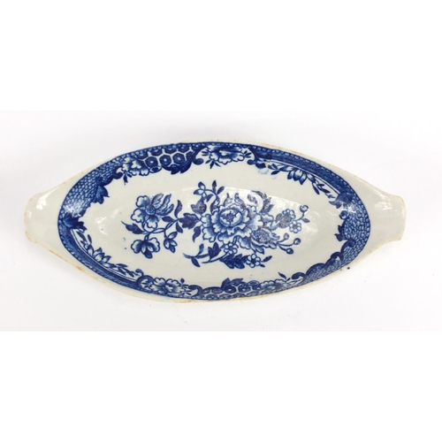 755 - 18th century Liverpool blue and white spoon tray, transfer printed with flowers, 17.5cm wide