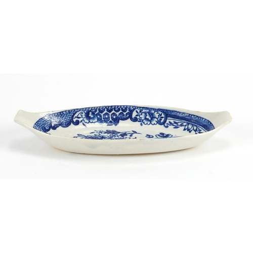 755 - 18th century Liverpool blue and white spoon tray, transfer printed with flowers, 17.5cm wide