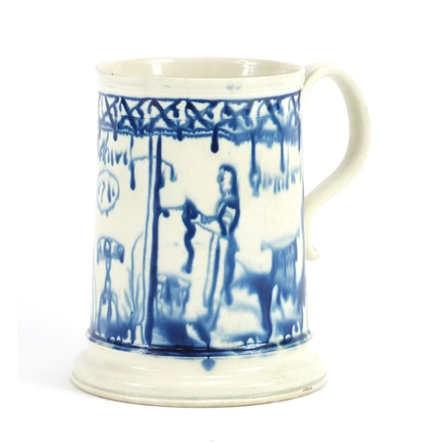 752 - 18th century pearlware tankard decorated with a couple combing and spinning, inscribed William & Gra... 