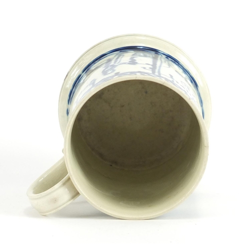 752 - 18th century pearlware tankard decorated with a couple combing and spinning, inscribed William & Gra... 