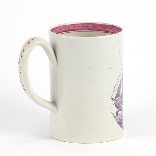 754 - Late 18th/early 19th century Liverpool creamware mug, transfer printed with rigged sailing ship, E N... 