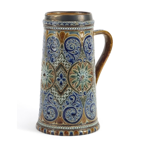 821 - Art Nouveau Doulton Lambeth jug with silver rim by Edith D Lupton, hand painted and incised with sty... 
