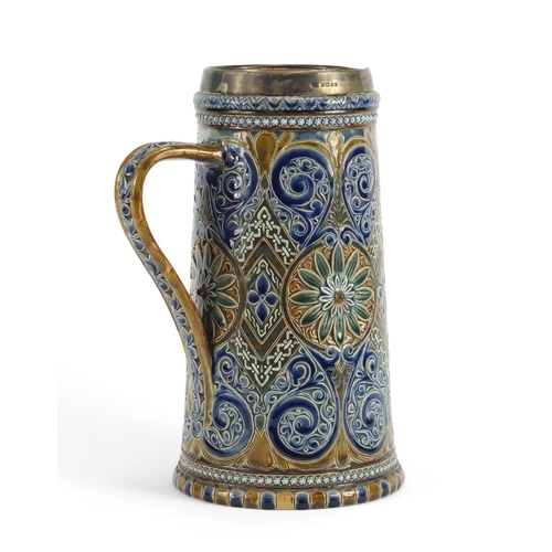 821 - Art Nouveau Doulton Lambeth jug with silver rim by Edith D Lupton, hand painted and incised with sty... 