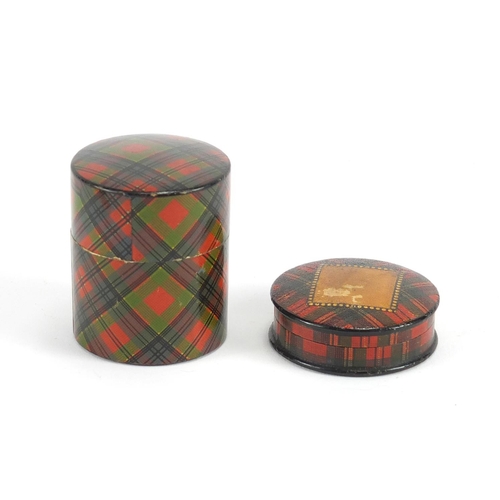 32 - Victorian Tartanware stamp box and cotton reel box, the largest 5cm high