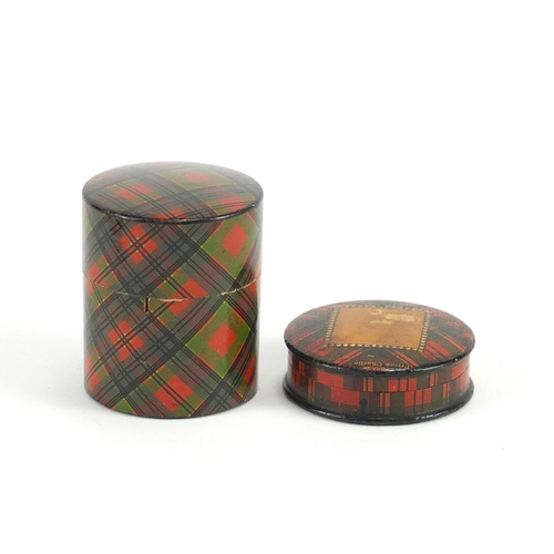 32 - Victorian Tartanware stamp box and cotton reel box, the largest 5cm high