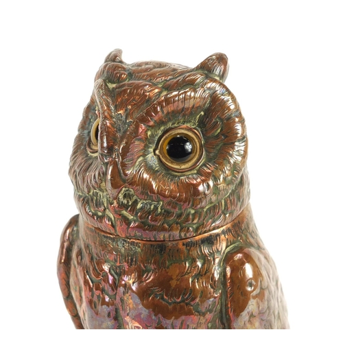 20 - Novelty Victorian copper and brass owl design desk inkwell, 23cm high