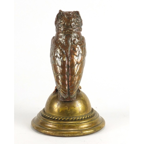 20 - Novelty Victorian copper and brass owl design desk inkwell, 23cm high