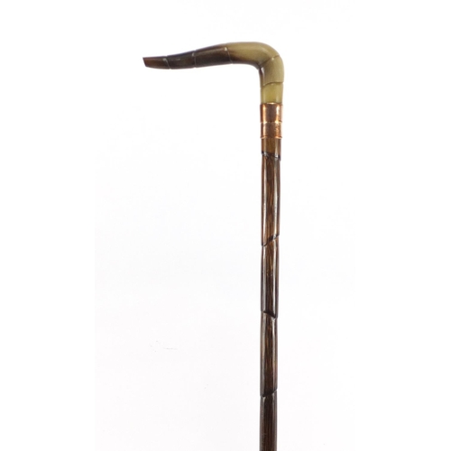 145 - Horn handled walking stick with gilt metal collar, possibly rhinoceros horn, 91.5cm in length