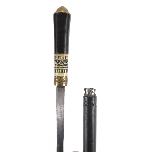 163 - Indian ebony sword stick with carved bone section and steel blade, 92cm in length