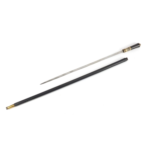 163 - Indian ebony sword stick with carved bone section and steel blade, 92cm in length