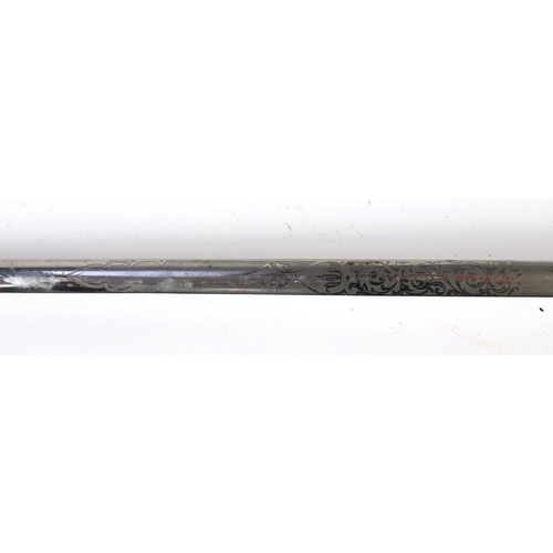 328 - Victorian Military dress sword with scabbard, etched steel blade and case, 97cm in length