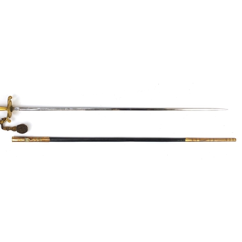 328 - Victorian Military dress sword with scabbard, etched steel blade and case, 97cm in length