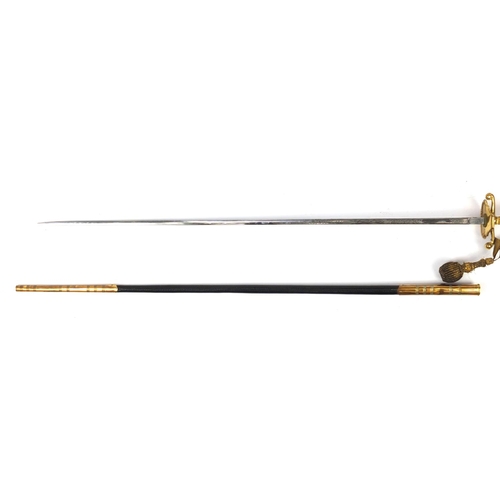 328 - Victorian Military dress sword with scabbard, etched steel blade and case, 97cm in length