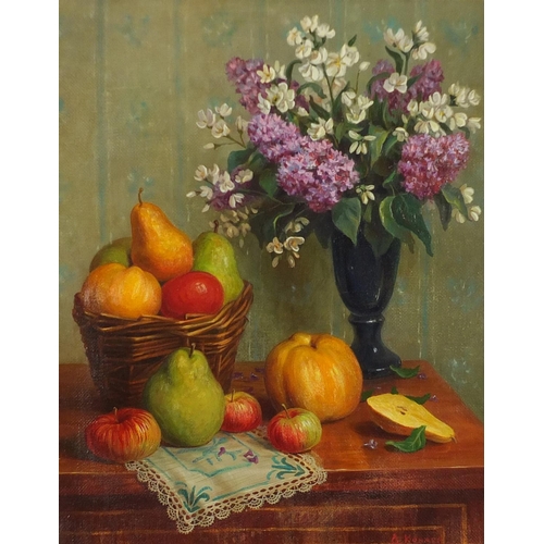 1261 - D Koniaev - Still life flowers and fruit, Russian oil on canvas, inscribed verso, mounted and framed... 