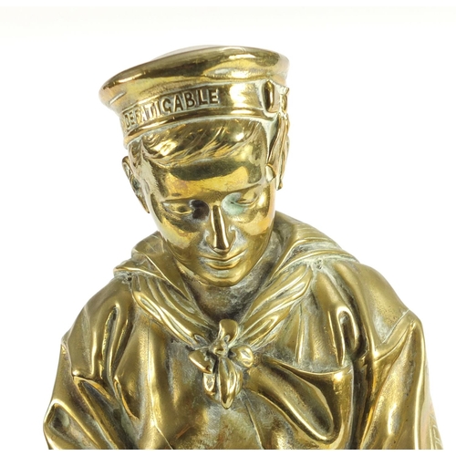75 - Early 20th century Naval interest brass figure of a sailor from the HMS Indefatigably, 41cm high