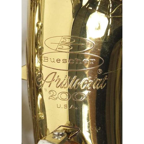 171 - Buescher Aristocrat 200 saxophone with case, serial number 738560, 66cm in length