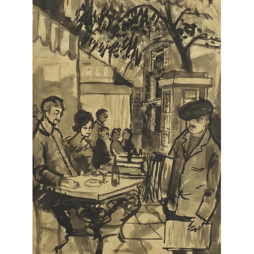 1456 - Julian Young - Figures in a café, ink and watercolour, framed, 35.5cm x 26.5cm