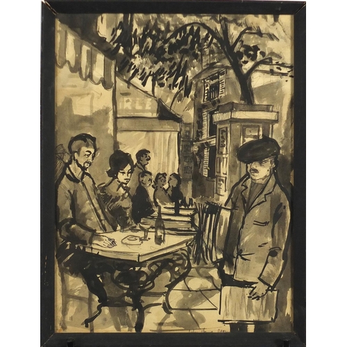 1456 - Julian Young - Figures in a café, ink and watercolour, framed, 35.5cm x 26.5cm