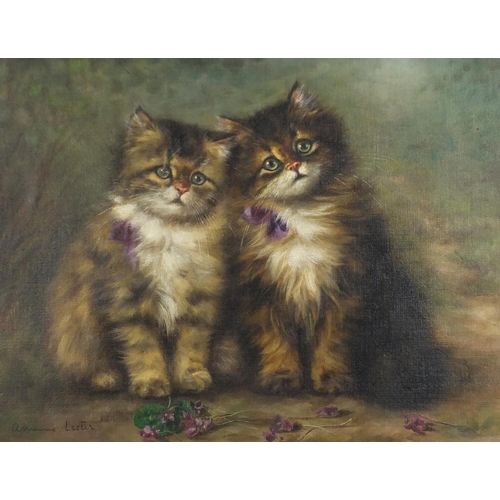 1270 - Adrienne Lester - Two cats with flowers, oil on canvas, details verso, framed, 44cm x 34cm