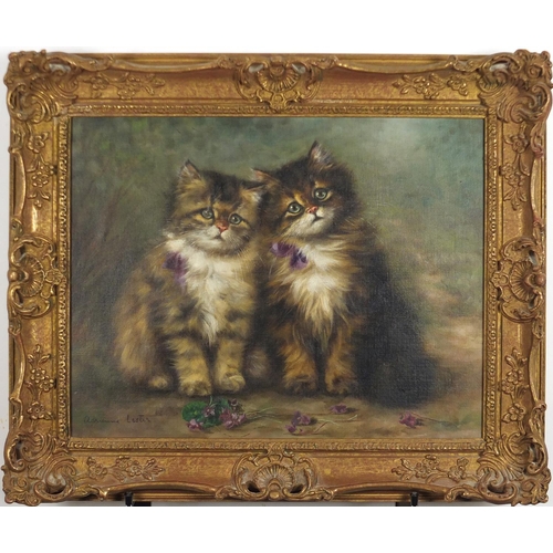 1270 - Adrienne Lester - Two cats with flowers, oil on canvas, details verso, framed, 44cm x 34cm