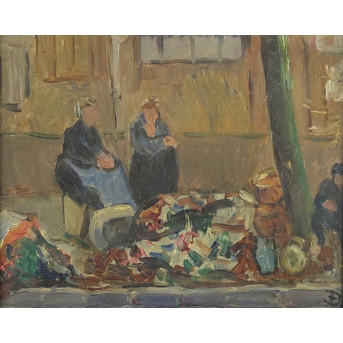 1455 - Street sellers, continental school oil on canvas board, bearing a monogram D and inscriptions verso,... 