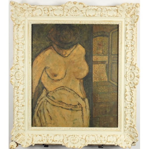 1238 - Nude female in an interior, post impressionist oil on canvas, bearing an indistinct signature possib... 