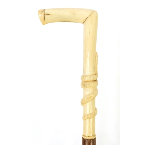 151 - Palmwood walking stick with bone handle carved with a serpent, possibly whale bone, 97cm in length