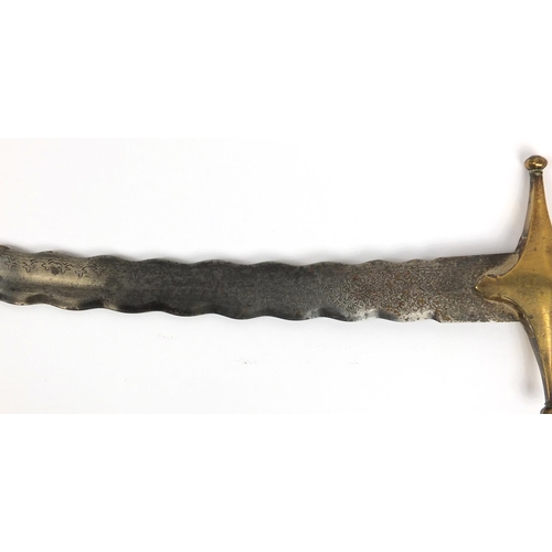 329 - Antique Islamic Shamshir Zulfika sword with bone handle, engraved steel blade and scabbard, the swor... 