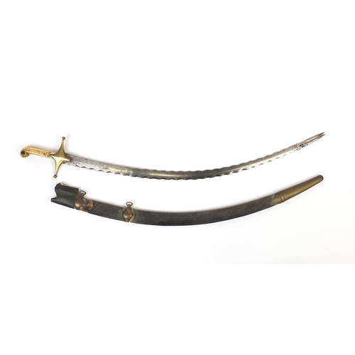 329 - Antique Islamic Shamshir Zulfika sword with bone handle, engraved steel blade and scabbard, the swor... 