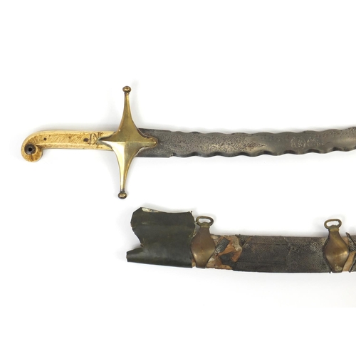 329 - Antique Islamic Shamshir Zulfika sword with bone handle, engraved steel blade and scabbard, the swor... 