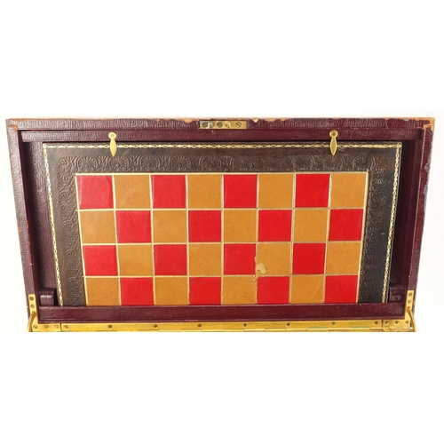 375 - Victorian elm travel games companion including a Jaques type Staunton boxwood and ebony chess set, b... 