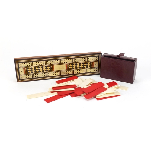 375 - Victorian elm travel games companion including a Jaques type Staunton boxwood and ebony chess set, b... 