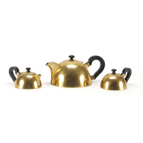 850 - Modernist brass three piece tea set with horn handles and knops, possibly German, impressed numbers ... 