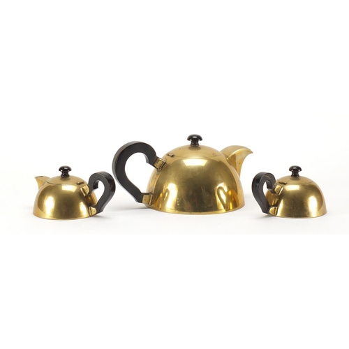 850 - Modernist brass three piece tea set with horn handles and knops, possibly German, impressed numbers ... 