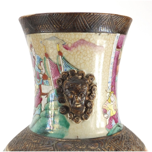 407 - Pair of Chinese crackle glazed vases with twin handles, each finely hand painted in the famille rose... 