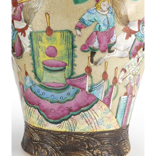 407 - Pair of Chinese crackle glazed vases with twin handles, each finely hand painted in the famille rose... 