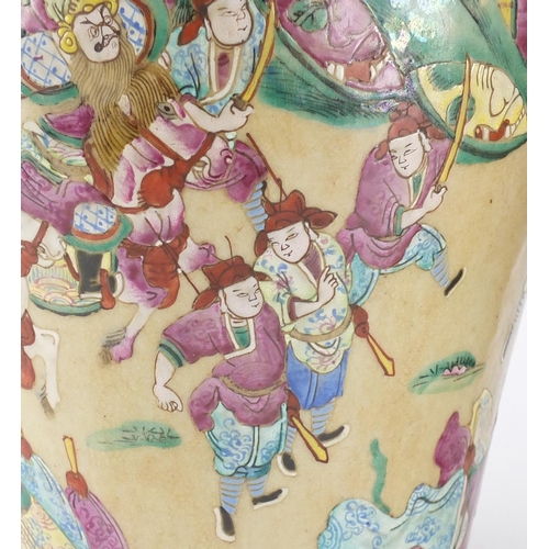 407 - Pair of Chinese crackle glazed vases with twin handles, each finely hand painted in the famille rose... 