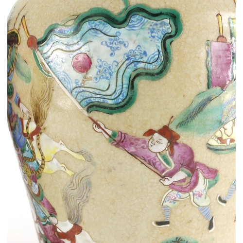 407 - Pair of Chinese crackle glazed vases with twin handles, each finely hand painted in the famille rose... 