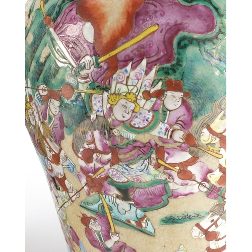 407 - Pair of Chinese crackle glazed vases with twin handles, each finely hand painted in the famille rose... 