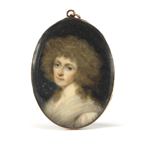 118 - Georgian hand painted portrait miniature of a female, housed in an unmarked gold mourning pendant, t... 